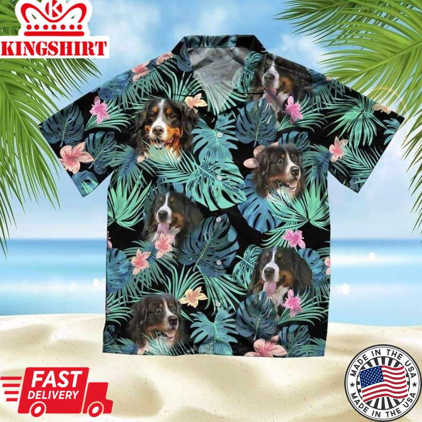 Bernese Mountain Trendy Hawaiian Shirt, Dog Summer Leaves Trendy Hawaiian Shirt, Unisex Print Aloha Short Sleeve Casual Shirt Summer Gifts