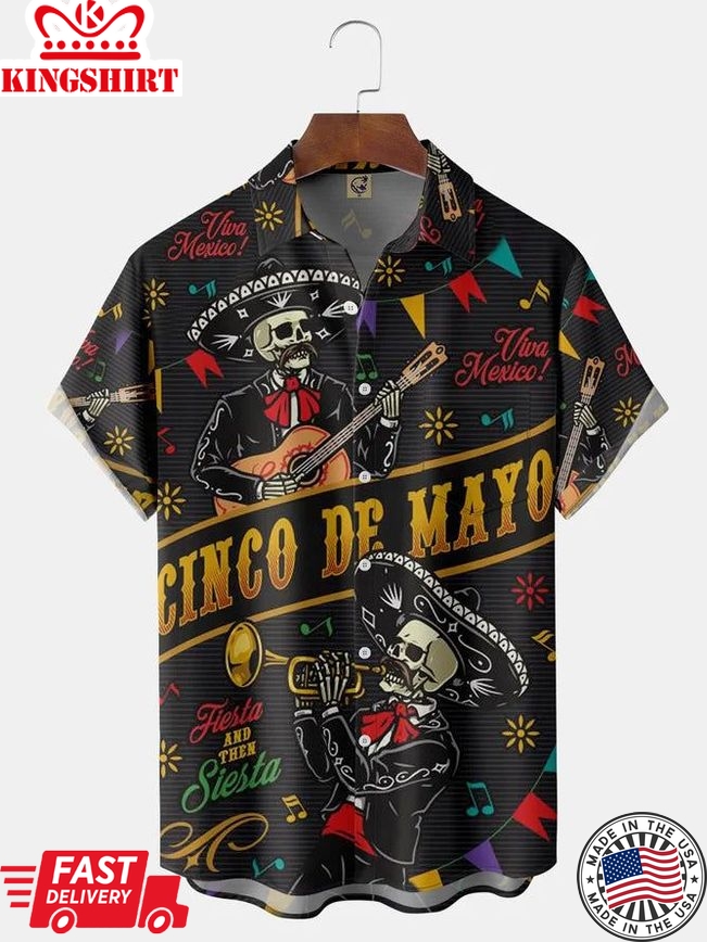 Big Size Skull Guitar Cinco De Mayo Chest Pocket Short Sleeve Shirt