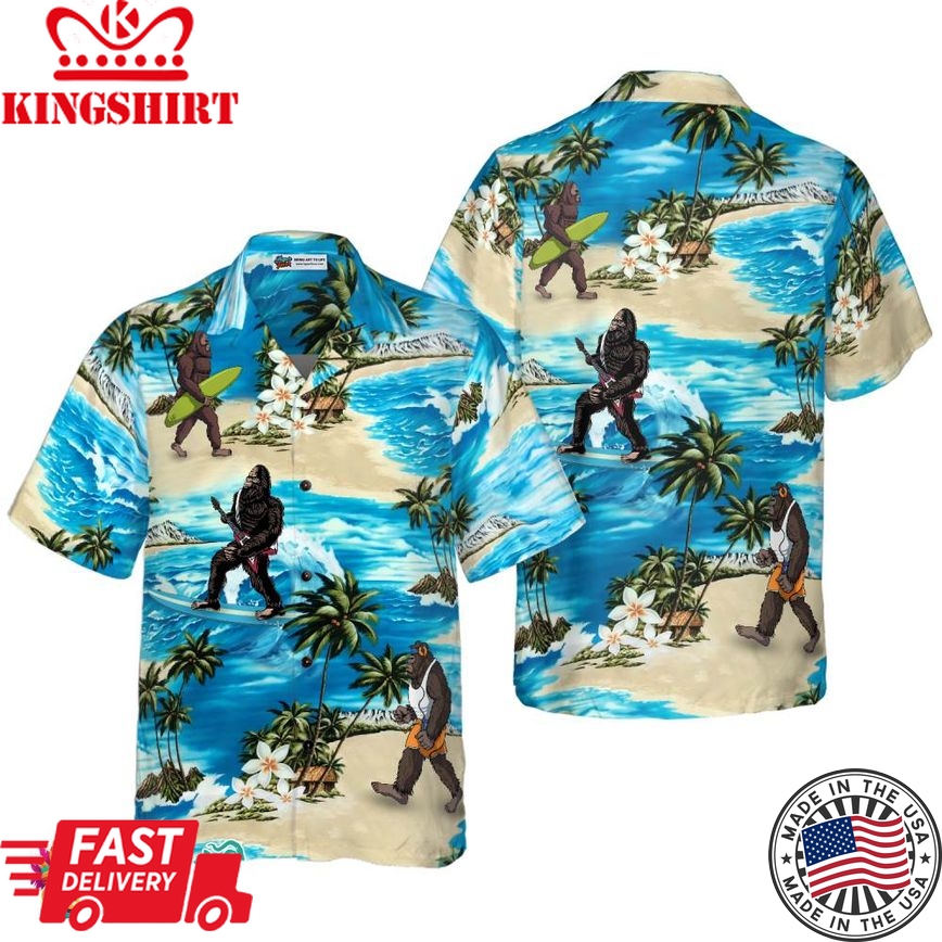 Bigfoot Aioha Beach Bigfoot Hawaiian Shirt, Palm Tree And Flower Blue Ocean Bigfoot Surfing Shirt For Men