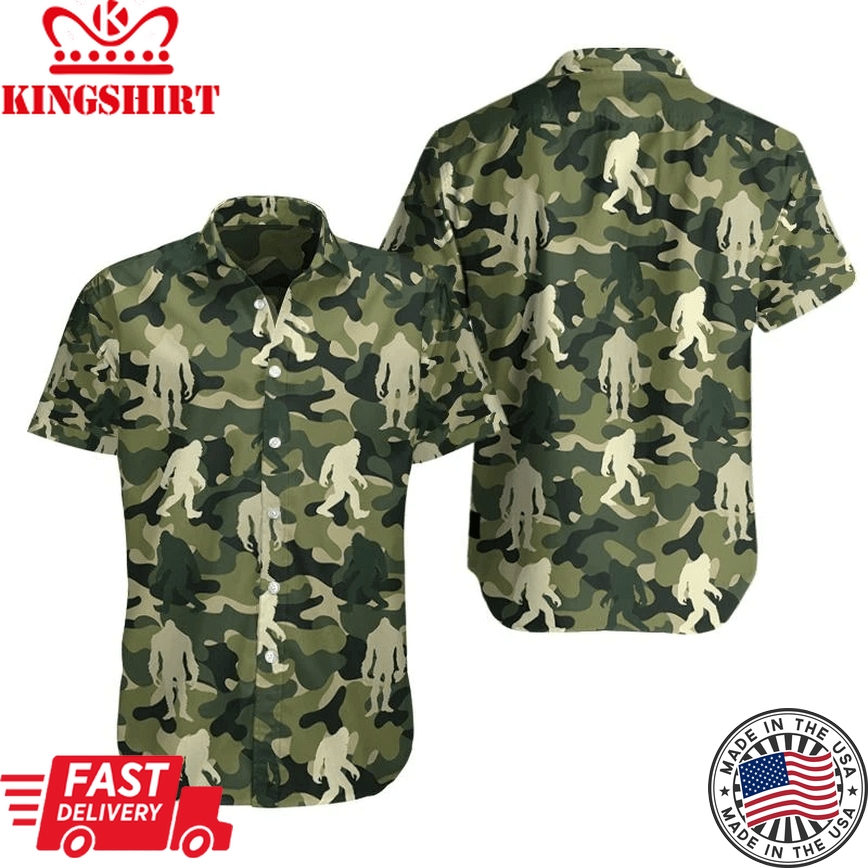 Bigfoot Aloha Shirt Bigfoot Green Camo Hawaiian Shirt Adult