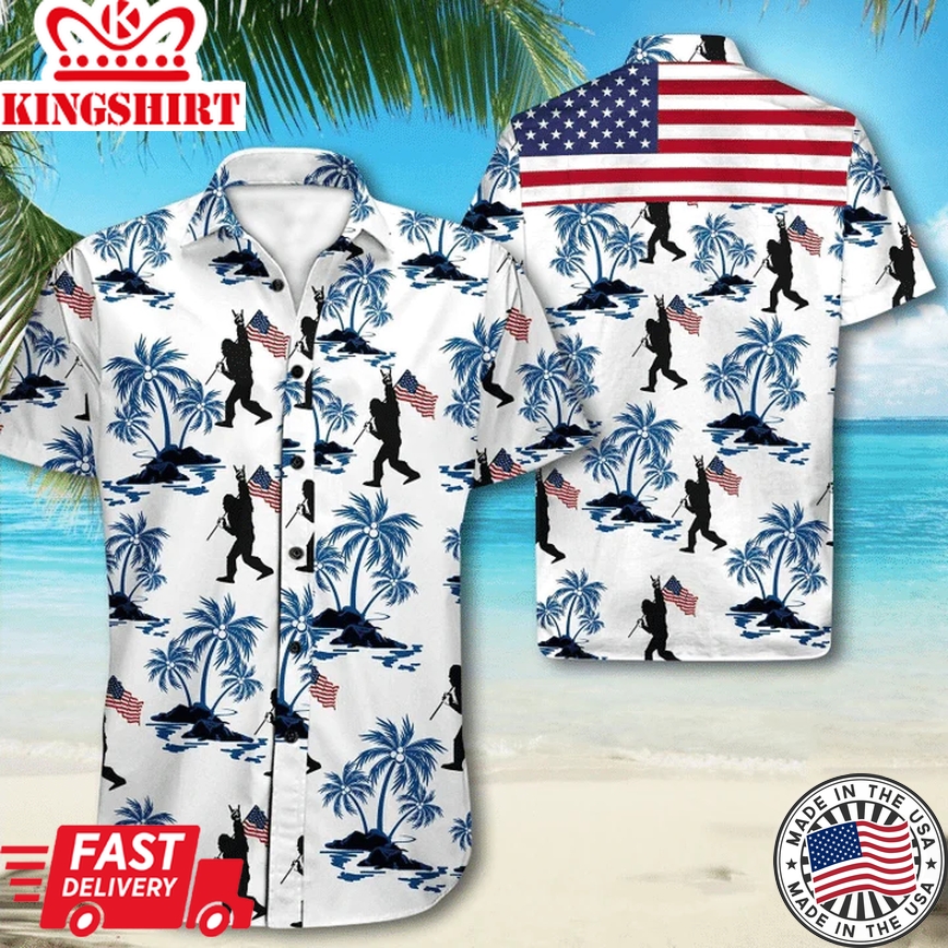 Bigfoot American Flag 4Th Of July Trendy Hawaiian Shirt, Bigfoot Aloha Shirt, Amazing Bigfoot Button Up Shirt