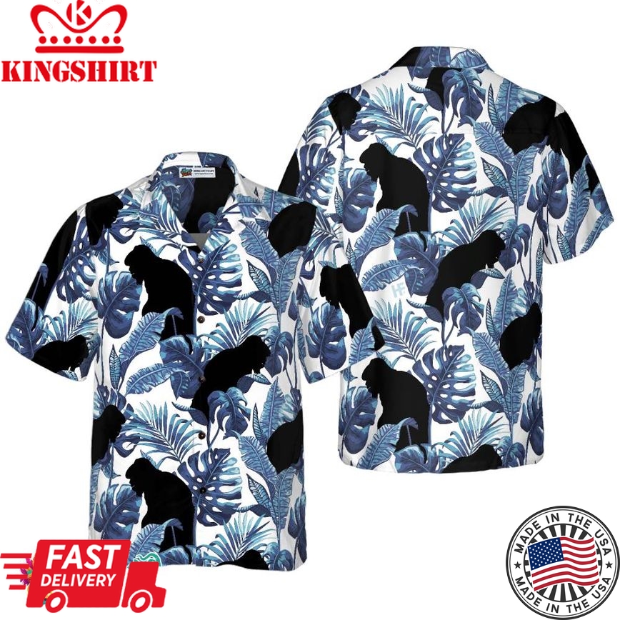 Bigfoot & The Blue Leaves Bigfoot Hawaiian Shirt, White And Navy Blue Tropical Floral Bigfoot Shirt For Men