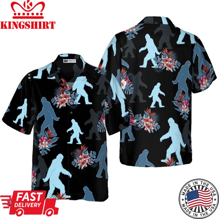 Bigfoot & The Tropical Leaves Bigfoot Hawaiian Shirt, Black Tropical Floral Bigfoot Shirt For Men