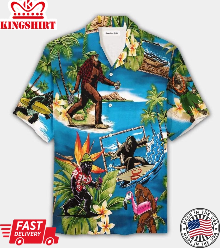 Bigfoot Beach Hawaii Shirt Bigfoot Sasquatch On Vacation In Beach Hawaiian Shirt