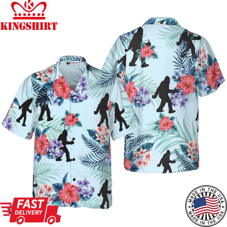 Bigfoot Bluebonnet Bigfoot Hawaiian Shirt, Arctic Blue Texas Floral And Leaves Bigfoot Shirt For Men