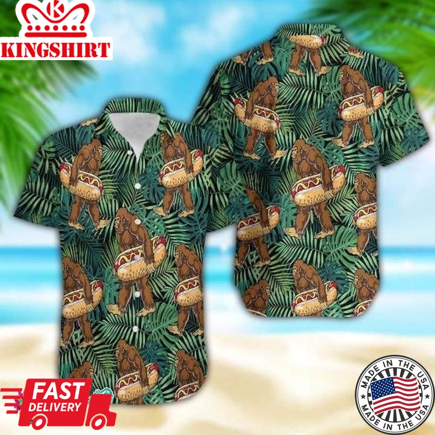 Bigfoot Carrying Hotdog Camping Tropical Hawaiian Shirt