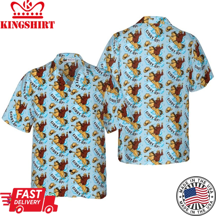 Bigfoot Cowboy Giddy Up Bigfoot Hawaiian Shirt, Sky Blue Vintage Rodeo Horse Riding Bigfoot Shirt For Men