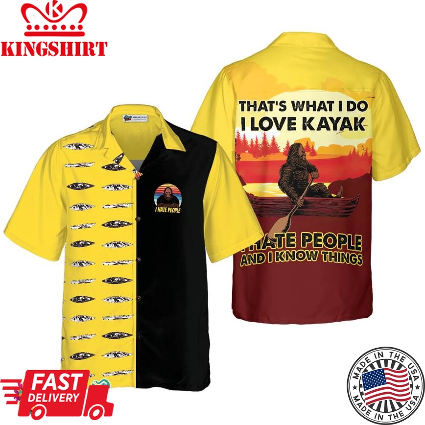 Bigfoot Darryl Love Kayak & Hate People Bigfoot Hawaiian Shirt, Dawn Palette Black And Yellow Kayaking Bigfoot Shirt For Men