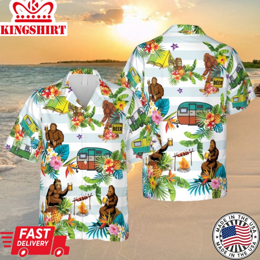 Bigfoot Goes Camping Trendy Hawaiian Shirt, Campfire Clothing