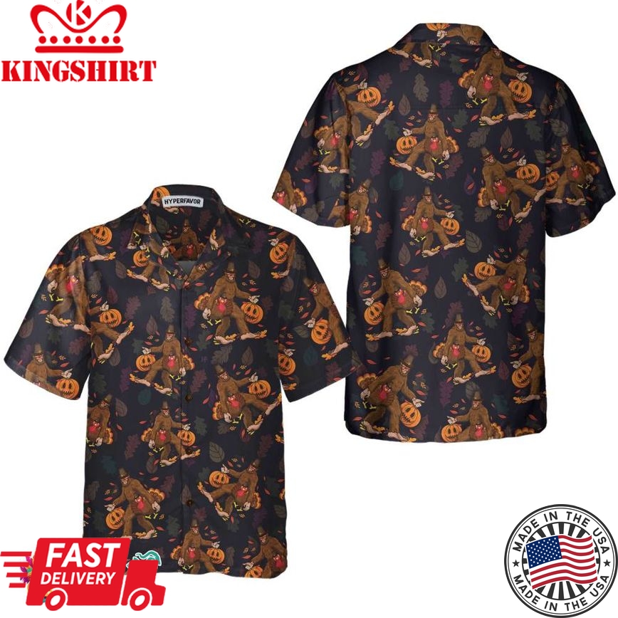 Bigfoot Grabbing Turkey And Pumpkin Hawaiian Shirt, Funny Thanksgiving Bigfoot Shirt, Best Gift For Thanksgiving Day