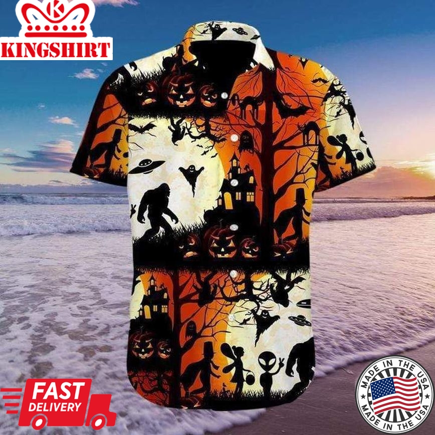 Bigfoot Halloween Hawaii Shirt Bigfoot Alien Halloween Orange Hawaiian Shirt