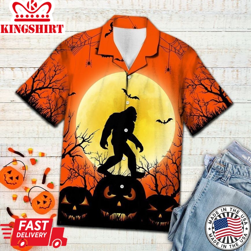 Bigfoot Halloween Hawaii Shirt Bigfoot Halloween Moon Pumpkin Orange Hawaii Aloha Shirt