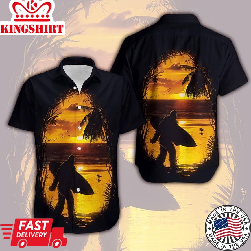 Bigfoot Hawaii Shirt Bigfoot In The Sunset Hawaiian Shirt Black Adult Aloha Shirt