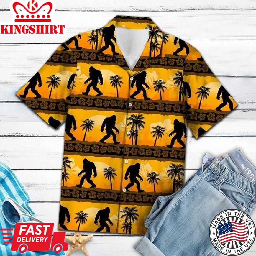 Bigfoot Hawaii Shirt Yellow Sunset Bigfoot Palm Tree Pattern Trendy Hawaiian Shirt