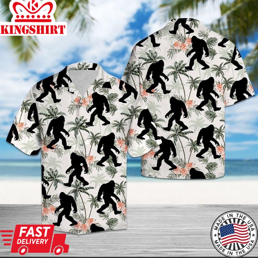 Bigfoot Hawaiian Shirt Bigfoot Black White Pattern Green Palm Tree Hawaii Aloha Shirt