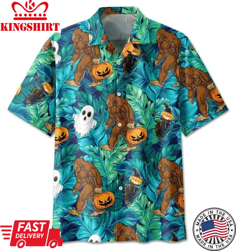 Bigfoot Jack O' Lantern Halloween Pumpkin Trendy Hawaiian Shirt, Unisex Print Aloha Short Sleeve Casual Shirt