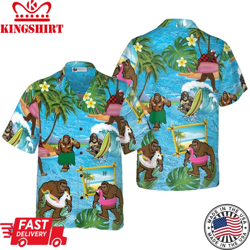 Bigfoot On The Beach Bigfoot Hawaiian Shirt, Tropical Aloha Wave Surfing Bigfoot Shirt For Men