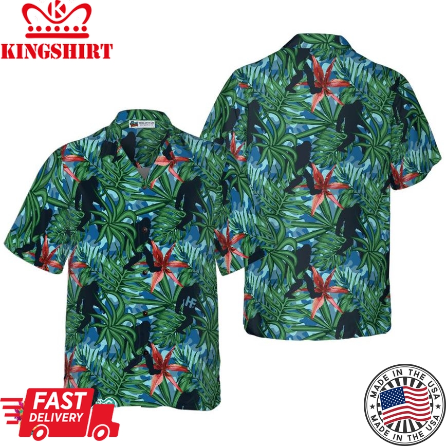 Bigfoot Silhouette Walking Bigfoot Hawaiian Shirt, Tropical Forest Floral Bigfoot Shirt For Men