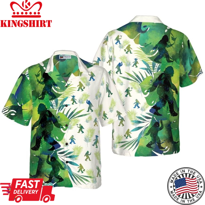 Bigfoot Silhouettes In Tropical Hawaiian Shirts For Men, Green Sasquatch Shirts