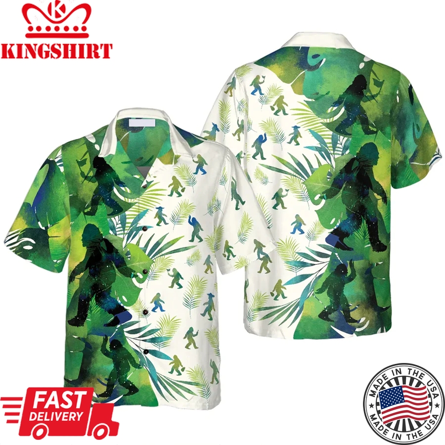 Bigfoot Silhouettes In Tropical Trendy Hawaiian Shirts For Men, Green Sasquatch Shirts, Bigfoot Tropical Summer Aloha Shirt For Men