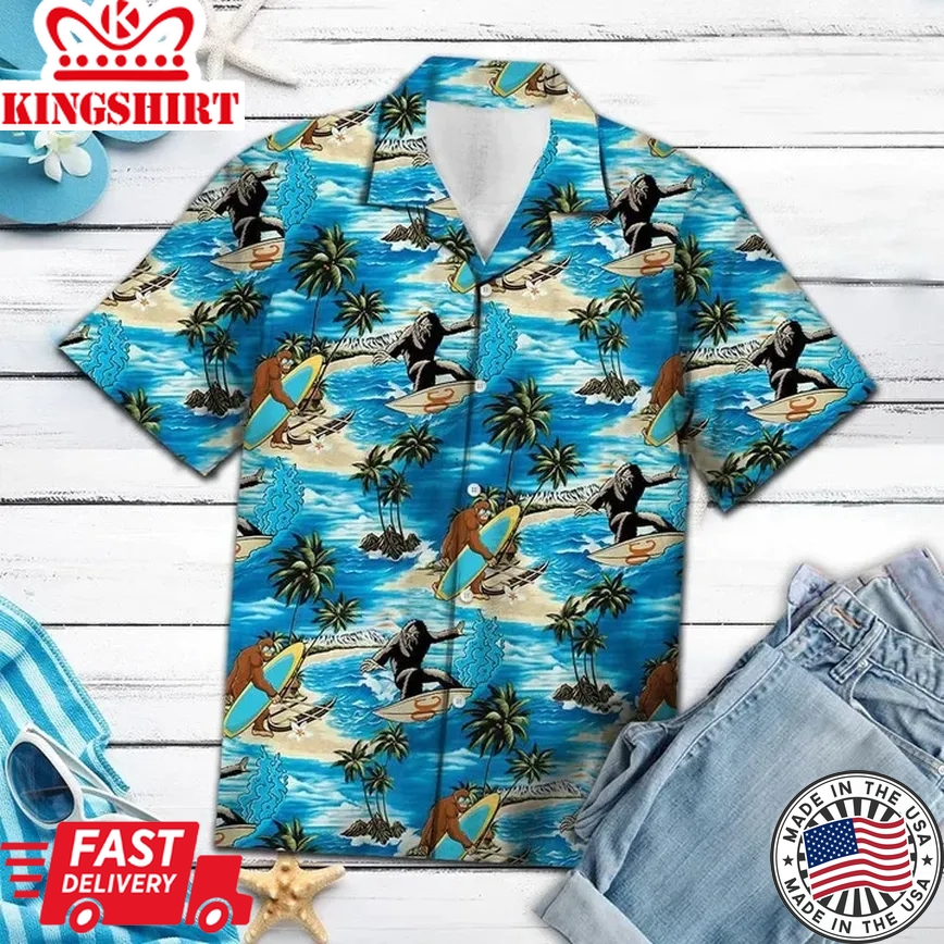 Bigfoot Surfing On Blue Beach Trendy Hawaiian Shirt