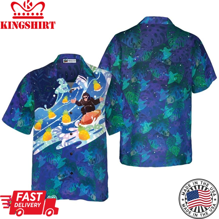 Bigfoot Surfing Tropical Hawaiian Shirts For Men