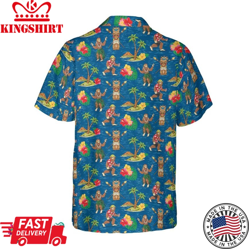 Bigfoot Tourist Bigfoot Hawaiian Shirt, Royal Blue Tropical Aloha Tribal Bigfoot Shirt For Men