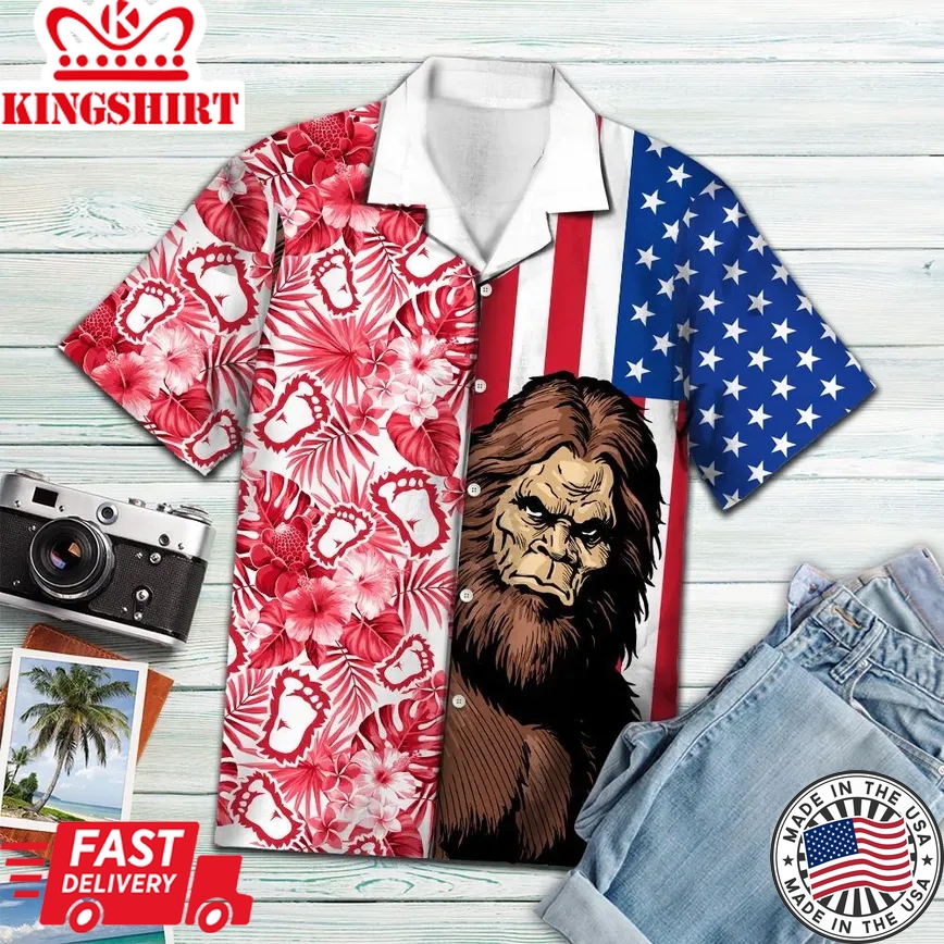 Bigfoot Trendy Hawaiian Shirt Bigfoot American Flag Footprints Hawaii Aloha Shirt