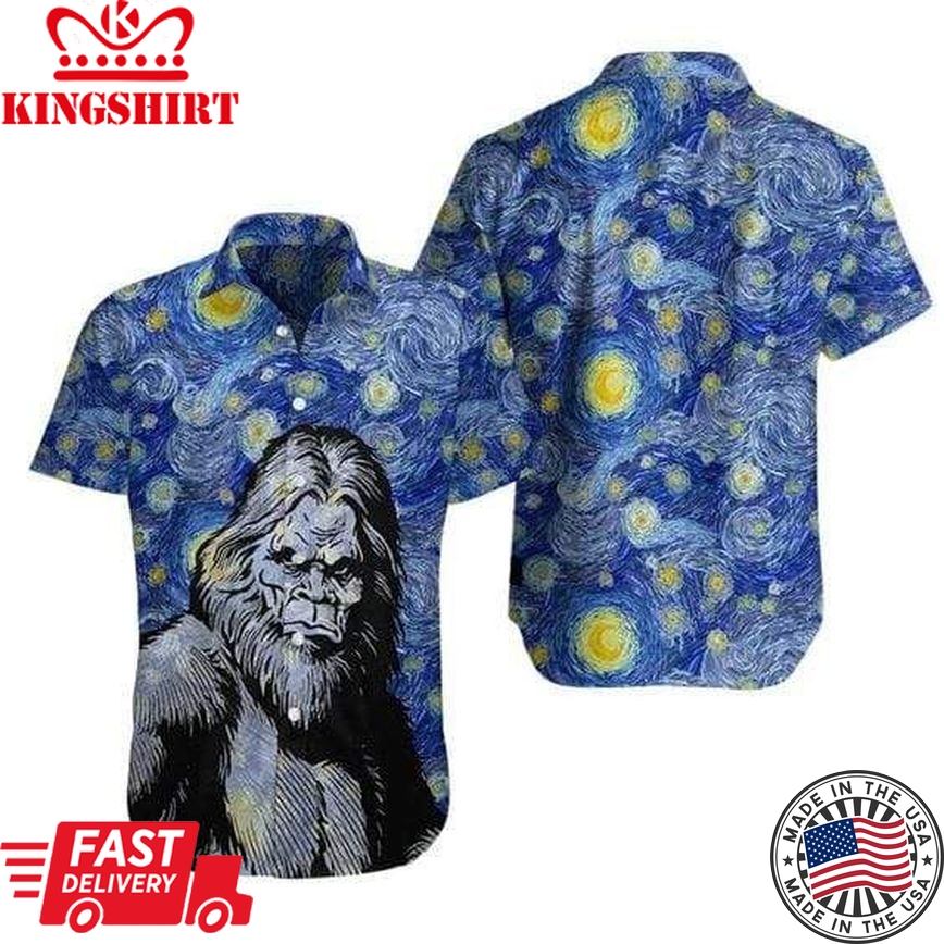 Bigfoot Trendy Hawaiian Shirt Bigfoot Starry Night Sky Painting Hawaii Aloha Shirt