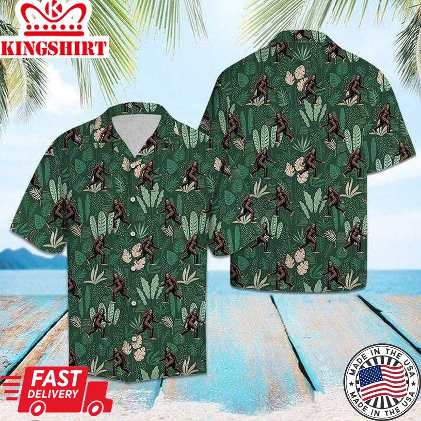 Bigfoot Trendy Hawaiian Shirt Bigfoot Tropical Jungle Palm Pattern Hawaii Aloha Shirt