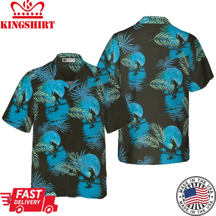 Bigfoot Tropical Blue Moon Bigfoot Hawaiian Shirt, Black And Blue Moonlight Bigfoot Shirt For Men