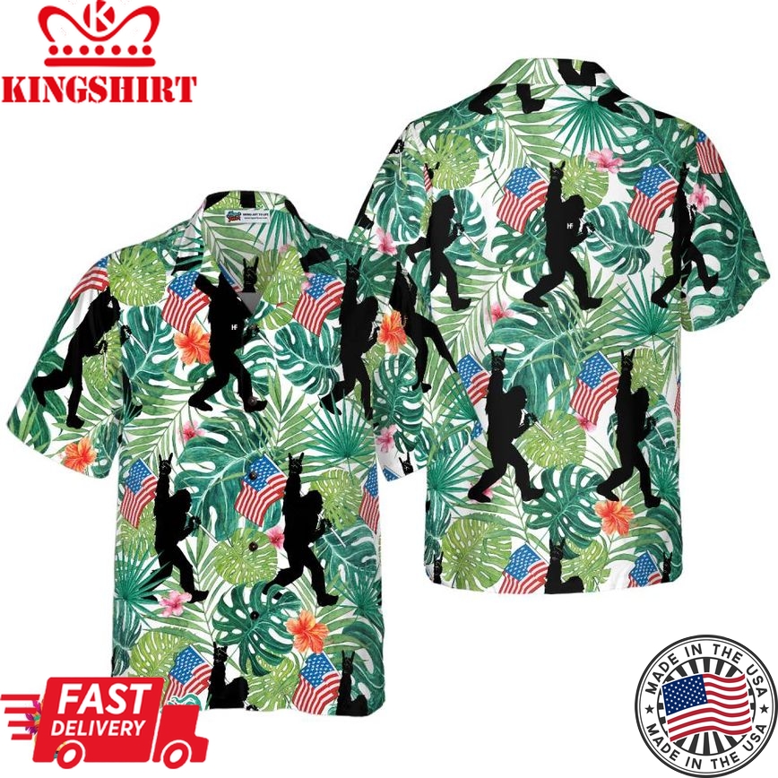 Bigfoot Tropical Hold Usa Flag Bigfoot Hawaiian Shirt, Floral American Flag Bigfoot Shirt For Men