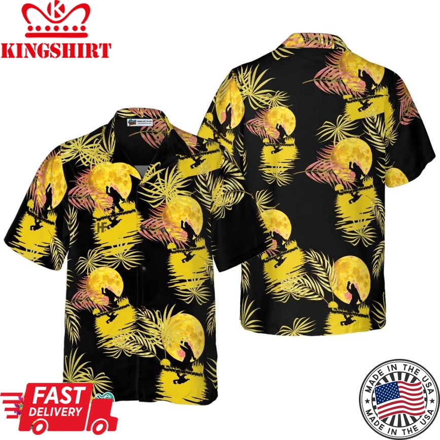 Bigfoot Tropical Yellow Moon Bigfoot Hawaiian Shirt, Black And Yellow Moonlight Bigfoot Shirt For Men