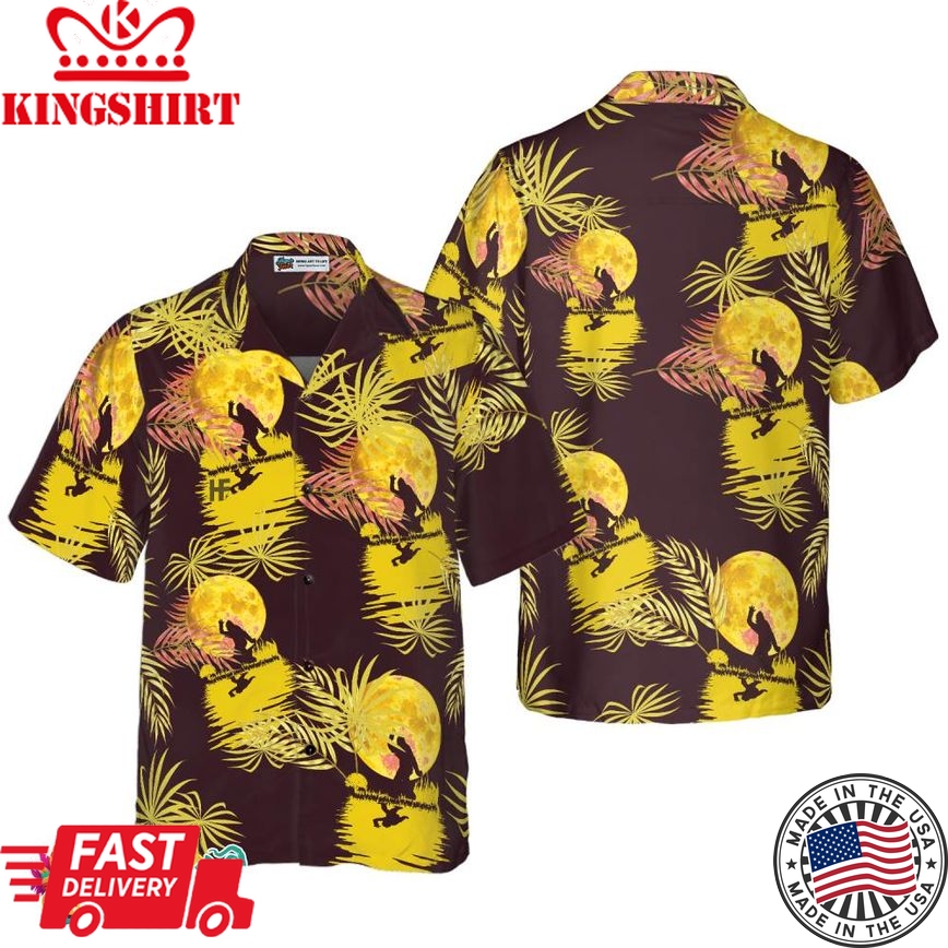 Bigfoot Tropical Yellow Moon Bigfoot Hawaiian Shirt, Purple And Yellow Dancing In The Moonlight Bigfoot Shirt For Men