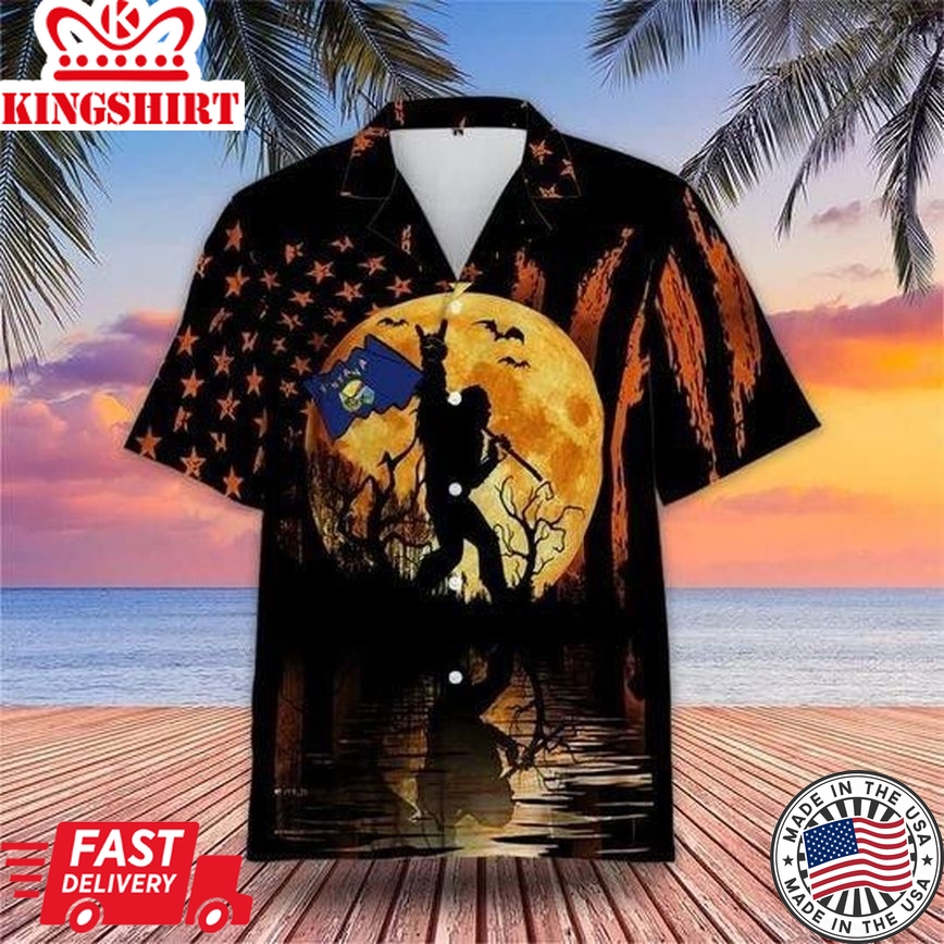 Bigfoot With Montana Flag Halloween Trendy Hawaiian Shirt, Unisex Print Aloha Short Sleeve Casual Shirt