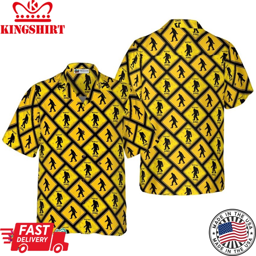 Bigfoot Yellow Square Bigfoot Hawaiian Shirt, Diamond Pattern Caution Signs Bigfoot Shirt For Men