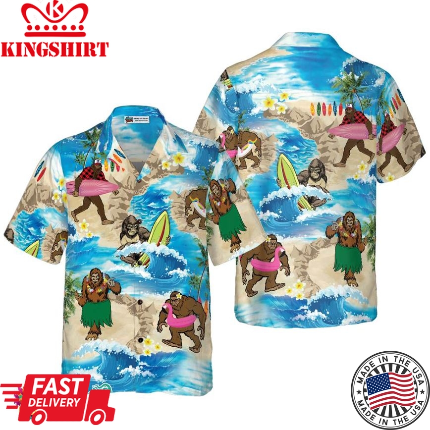 Bigfoots Are On Summer Vacation Bigfoot Hawaiian Shirt, Tropical Aloha Wave Surfing Bigfoot Shirt For Men