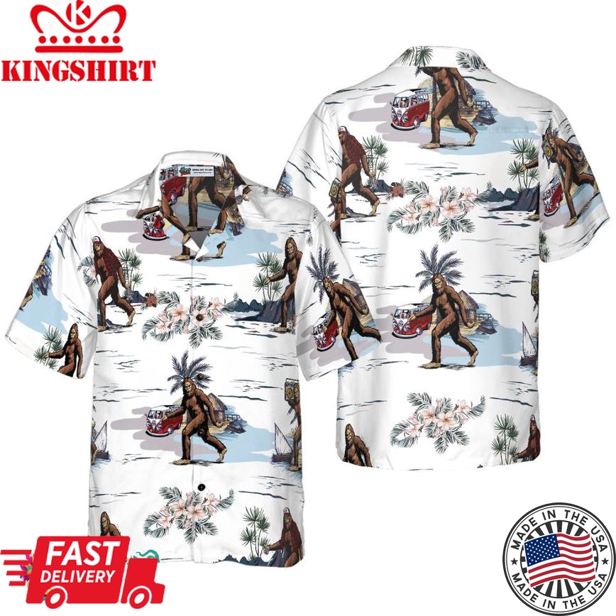 Bigfoots Are Ready For Summer Bigfoot Hawaiian Shirt, White Tropical Floral Bus Trip Bigfoot Shirt For Men