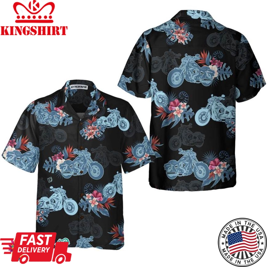 Biker Blue Tropical Flower Pattern Motorcycle Hawaiian Shirt, Unique Gift For Bikers