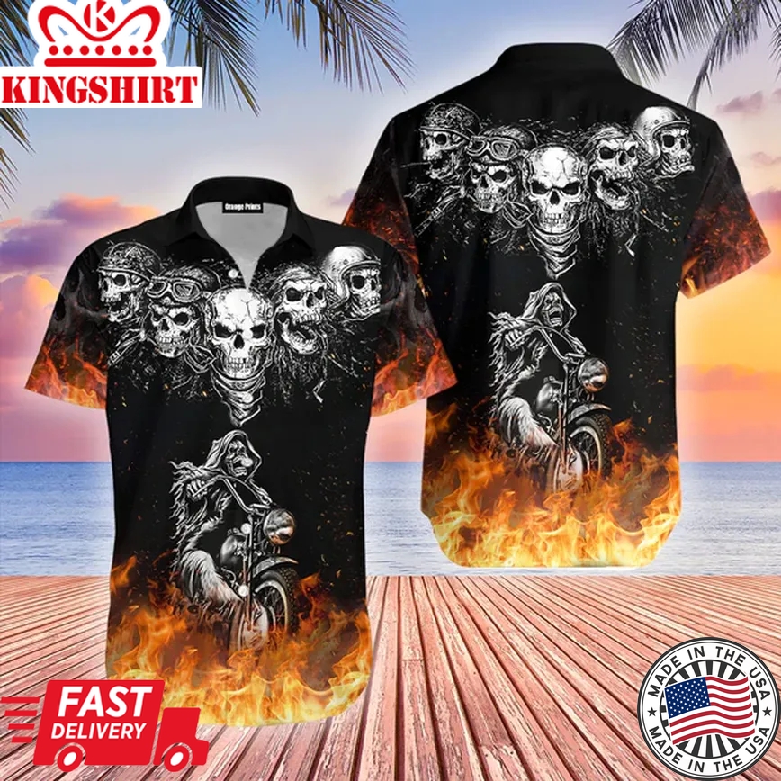 Biker Skulls On The Fire Trendy Hawaiian Shirt For