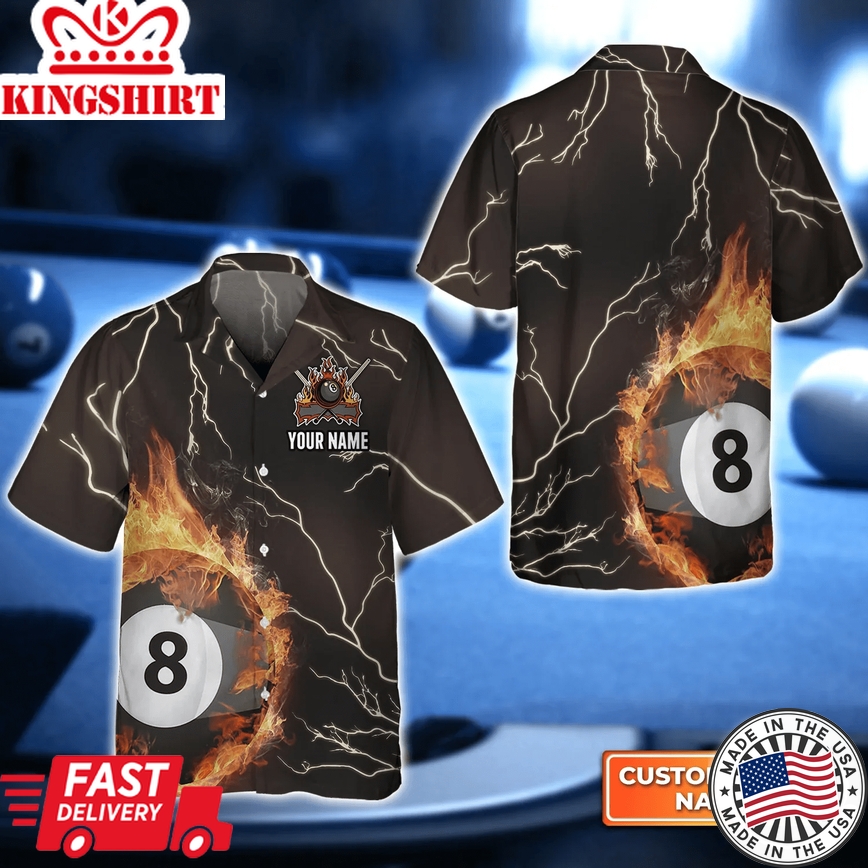 Billiard 8 Ball Thunder Fire Flame 3D Trendy Hawaiian Shirt, Billiard Sport Shirt, Gift For Billiard Players