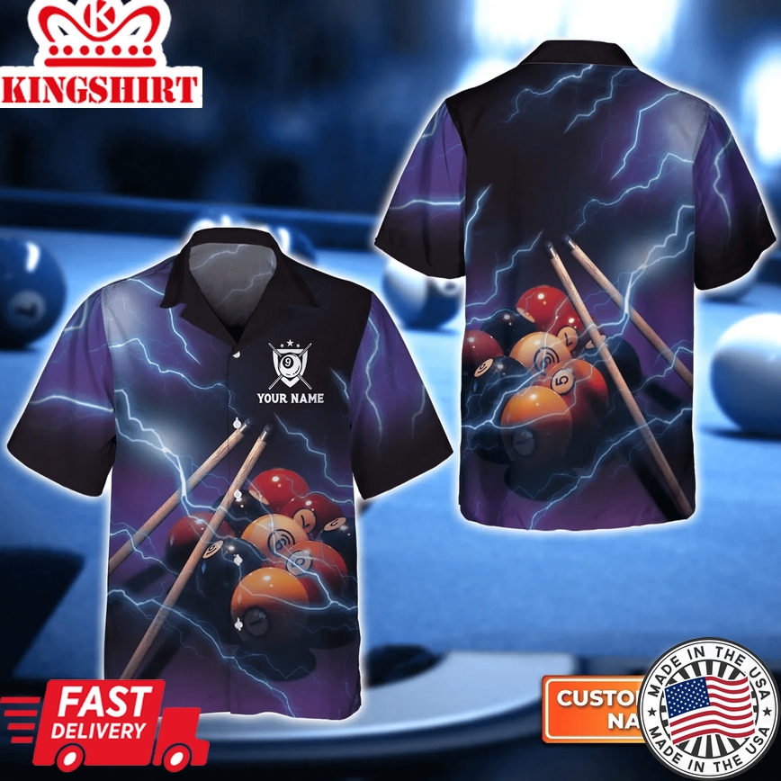 Billiard 9 Ball Thunder Lightning Personalized Name 3D Trendy Hawaiian Shirt, Billiard Team Shirt, Summer Shirt Gift For Billiard Lover