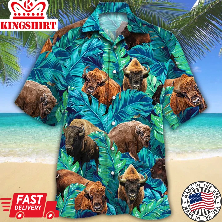 Bison Lovers Trendy Hawaiian Shirt, Animal Cow Trendy Hawaiian Shirt Men, Short Sleeve Hawaiian Aloha Shirt