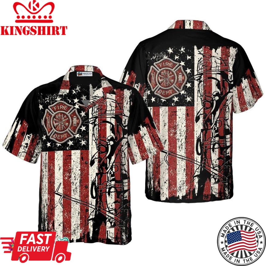 Black American Flag Fire Dept Firefighter Hawaiian Shirt, Fire Department Badge Firefighter Shirt For Men