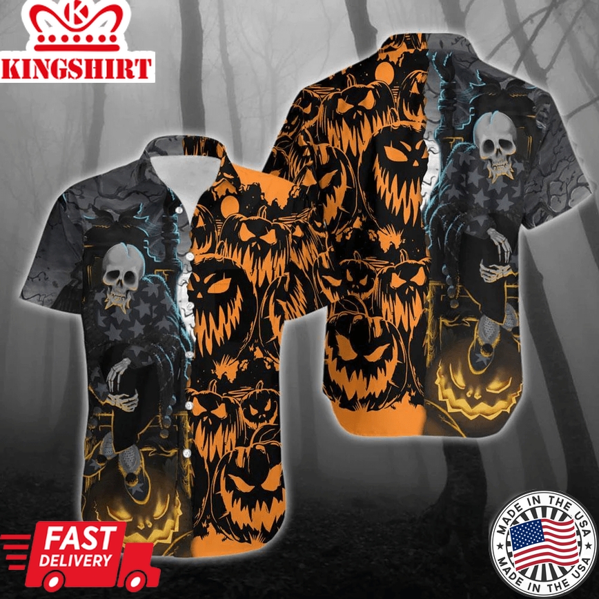 Black & Orange Pumpkin Halloween Trendy Hawaiian Shirt, Unisex Print Aloha Short Sleeve Casual Shirt