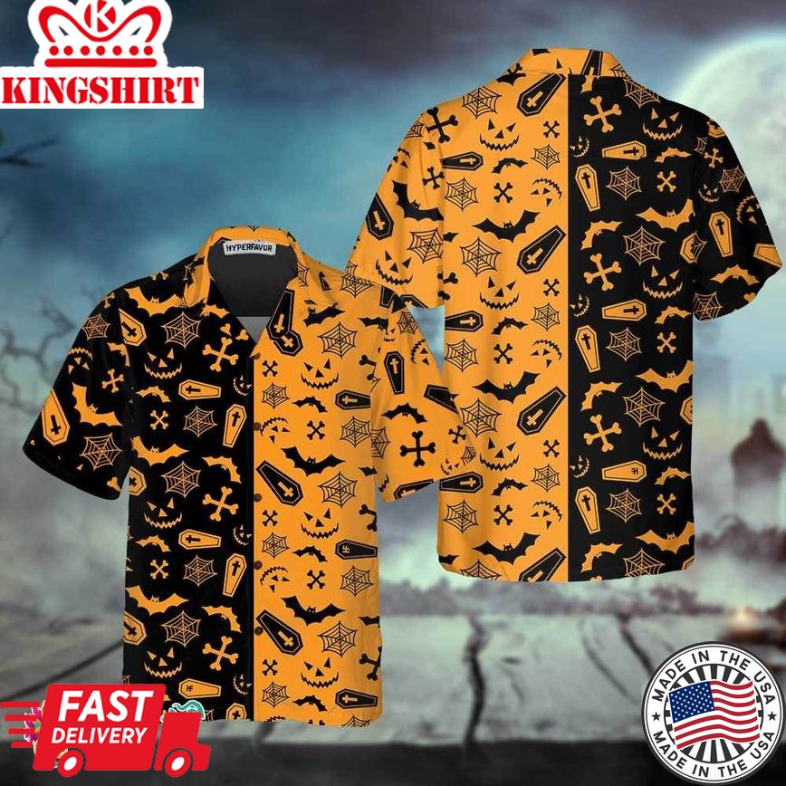 Black And Orange Spooky Halloween Hawaiian Shirt, Halloween Seamless Pattern Shirt, Best Halloween Gift Ideas