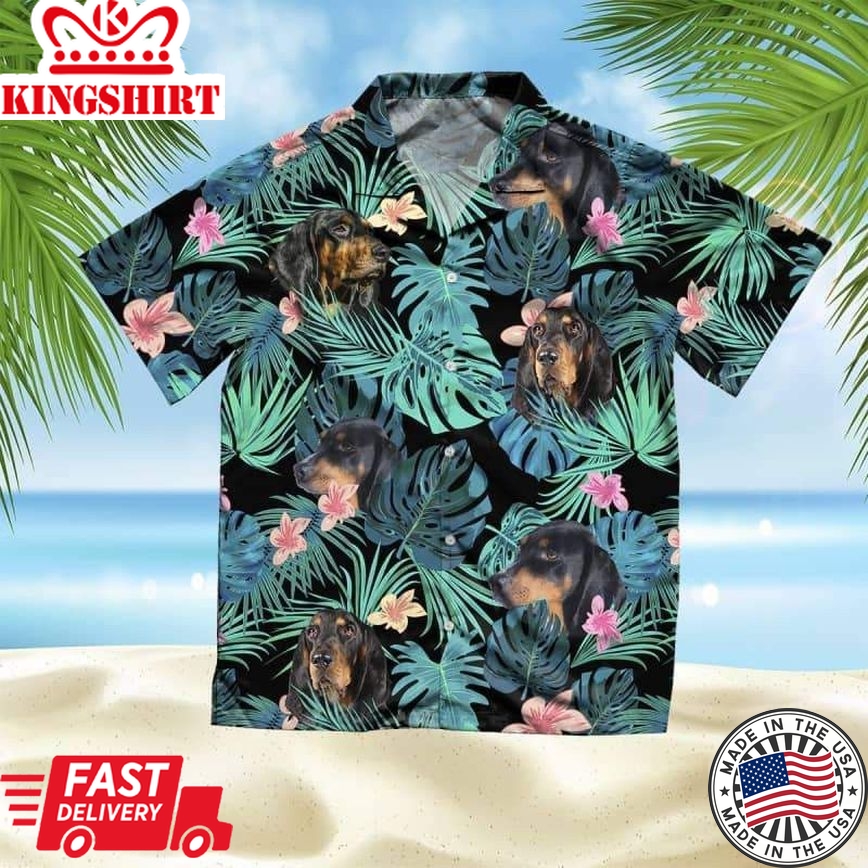 Black And Tan Coonhound Trendy Hawaiian Shirt, Dog Summer Leaves Trendy Hawaiian Shirt, Unisex Print Aloha Short Sleeve Casual Shirt Summer Gifts