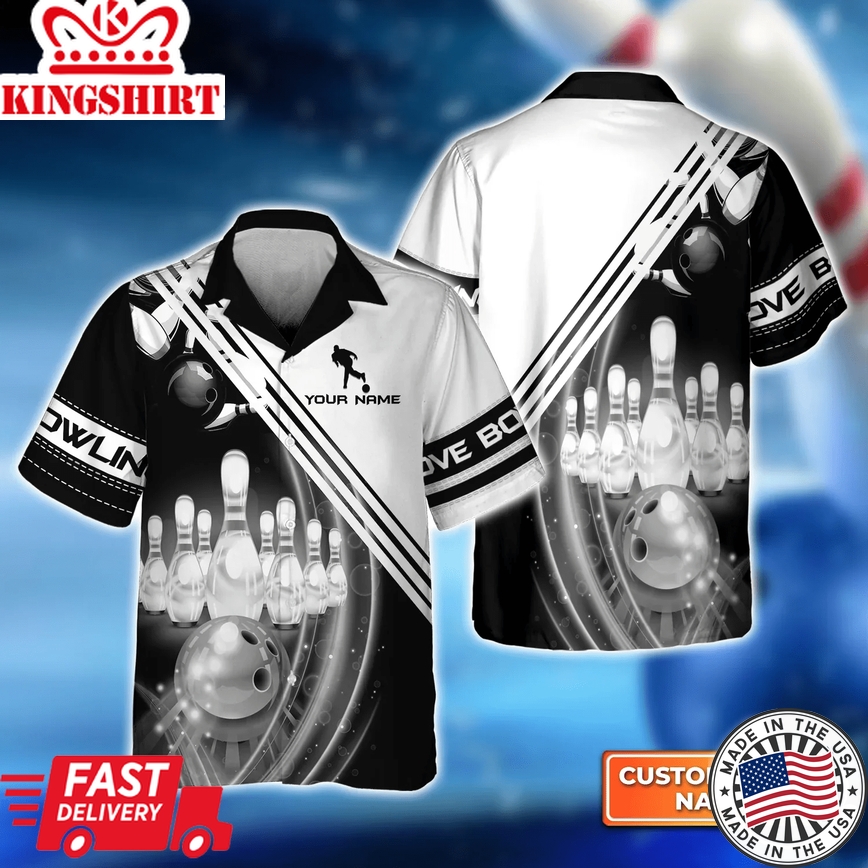 Black And White Bowling Ball In Motion And The Pins Trendy Hawaiian Shirt, Bowling Trendy Hawaiian Shirt For Men, Women, Bowling Team Shirt