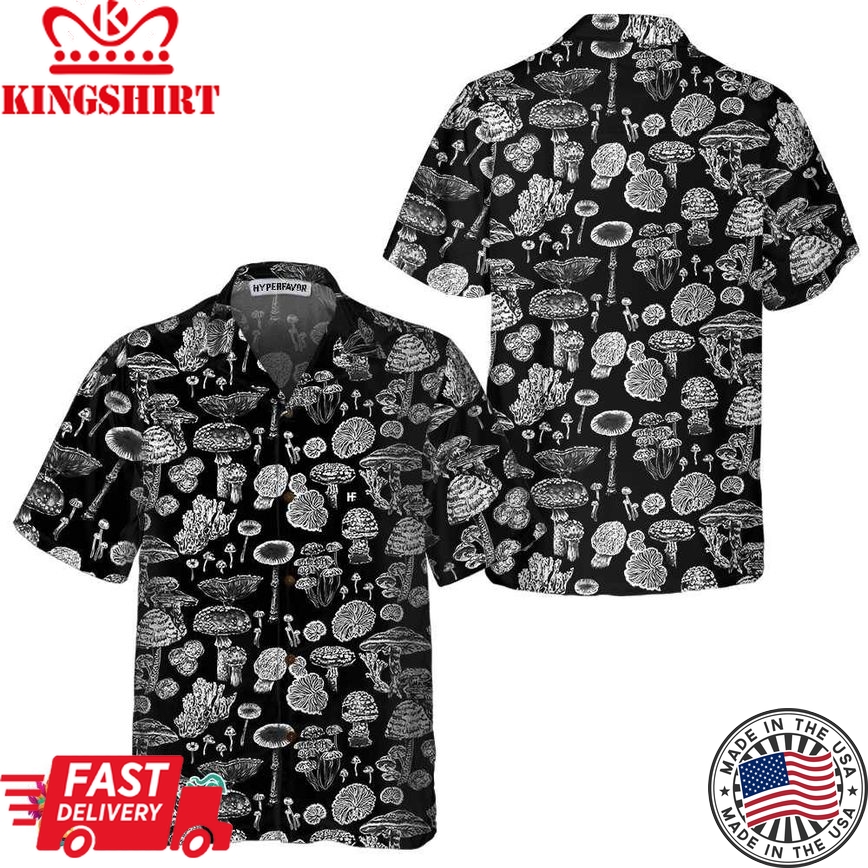 Black And White Mushroom Hawaiian Shirt, Casual Mushroom Shirt For Men & Women, Mushroom Print Shirt