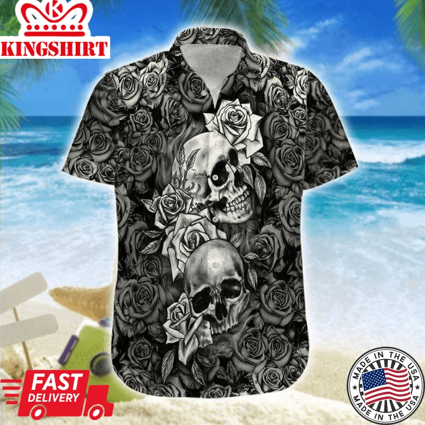 Black And White Skull Roses 3D Trendy Hawaiian Shirt For Men, Skull Hawaiian Aloha Shirt